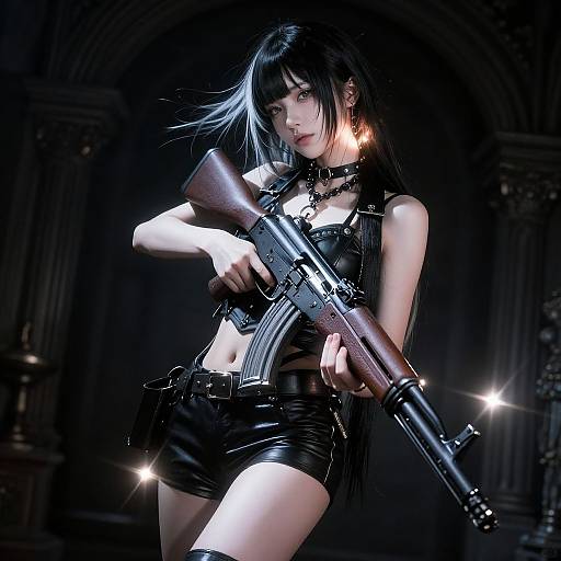 Digital art of a black-haired, pale-skinned woman in a black leather outfit holding a rifle, set against a dark, arched background. Gl