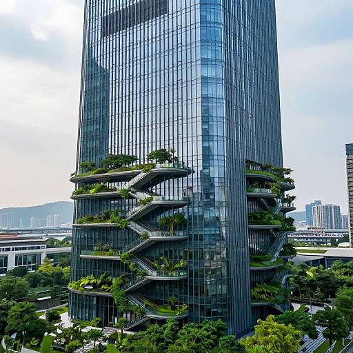 Photograph of a modern skyscraper with a unique, wavy glass facade and multiple green roof terraces, surrounded by urban buildings and trees.