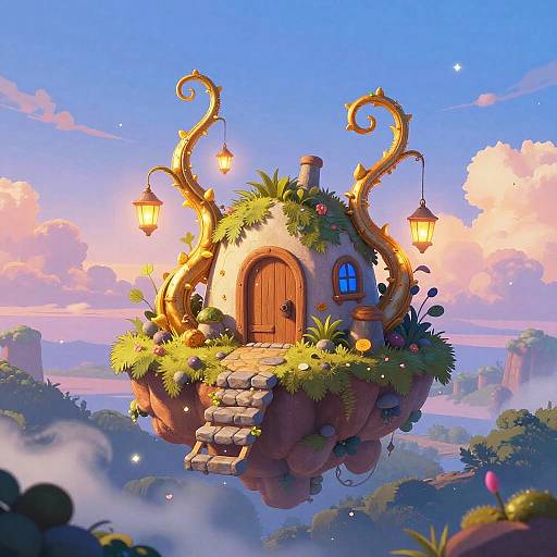 Whimsical floating fairy-tale cottage with wooden door, twisted vine lanterns, and lush greenery, set against a vibrant, cloudy sky.