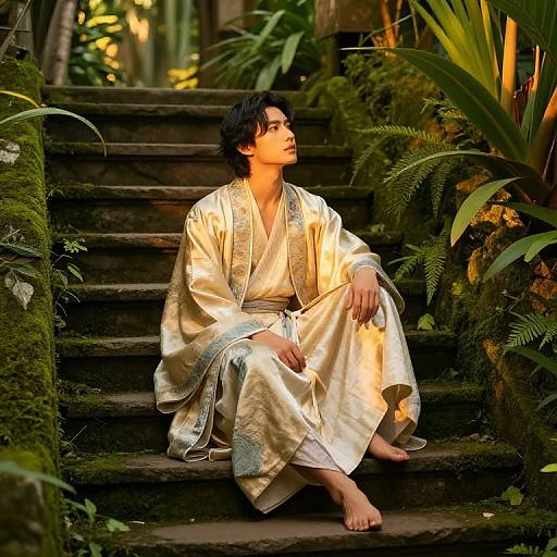 Photograph of a young Asian man with short black hair, wearing a golden silk kimono, sitting on moss-covered stone steps, surrounded by lush green