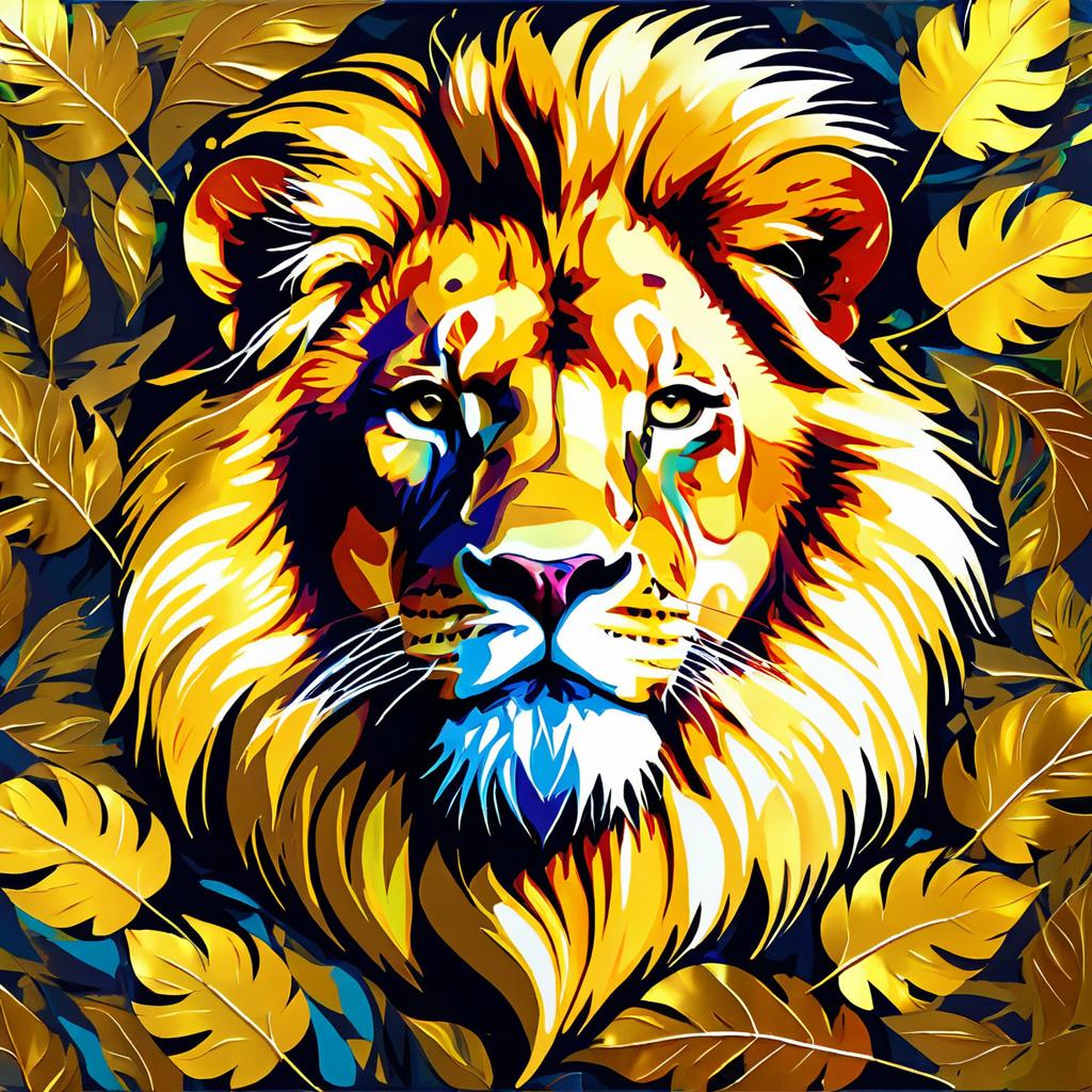 Vibrant Expressionist Lion in Golden Leaves