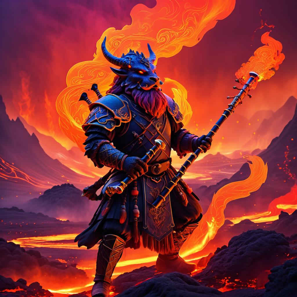 Dramatic Dragonborn Bard in Volcanic Landscape