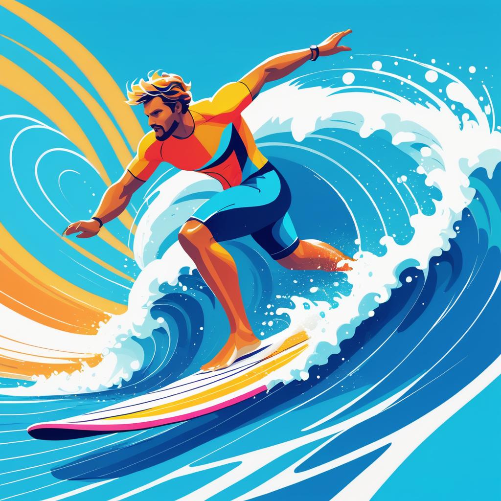 Energetic Cartoon Surfer Riding a Wave