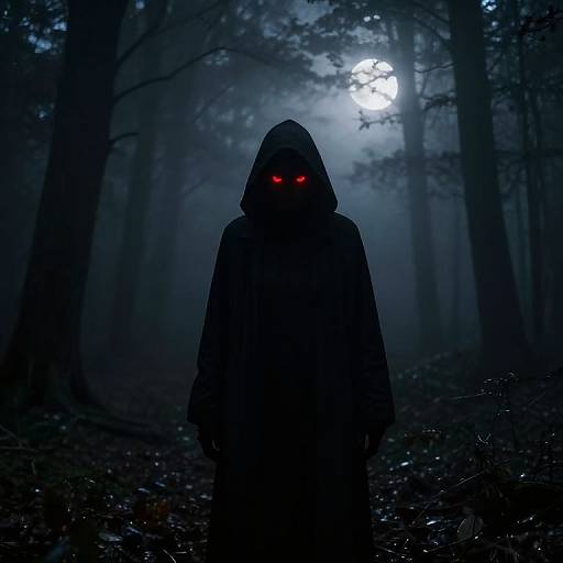 Silhouetted figure with glowing red eyes stands in dark, misty forest under a full moon. Digital artwork.