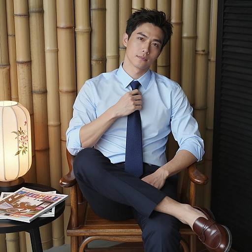 Man in Business Attire Sitting Relaxed in Bamboo Setting