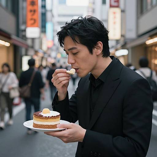 Photograph of an Asian man in a black suit, eating a small cake on a street in a brightly lit, bustling urban area.