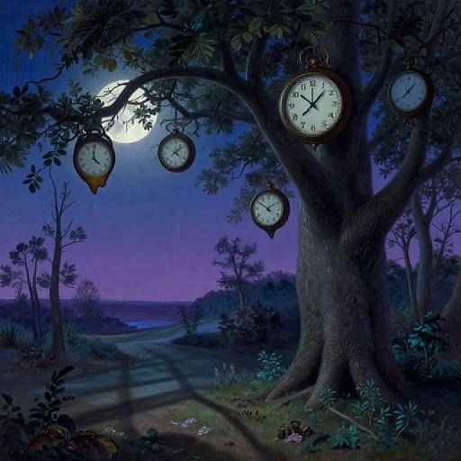 Mysterious night scene: moonlit tree with multiple clocks, displaying different times, shadows of leaves, and path leading to distant horizon. Digital art.