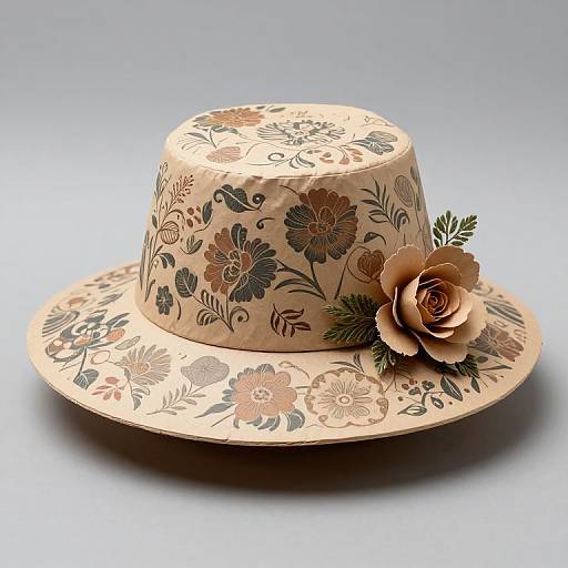 Photograph of a beige floral-patterned hat with detailed embroidery, adorned with a large, realistic paper rose on the right side.