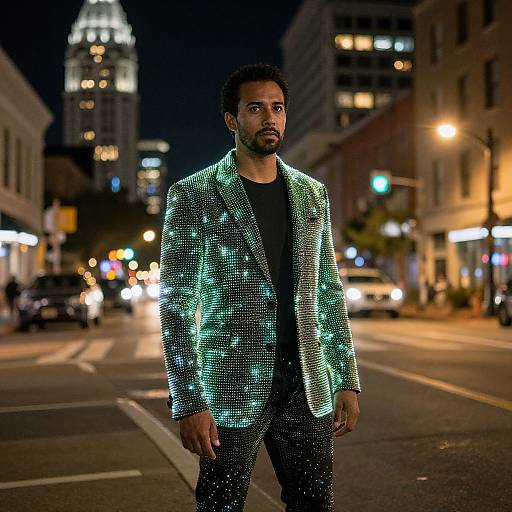 Photograph of a bearded man with medium skin tone, wearing a sparkling green sequin blazer and black shirt, standing on a city street at