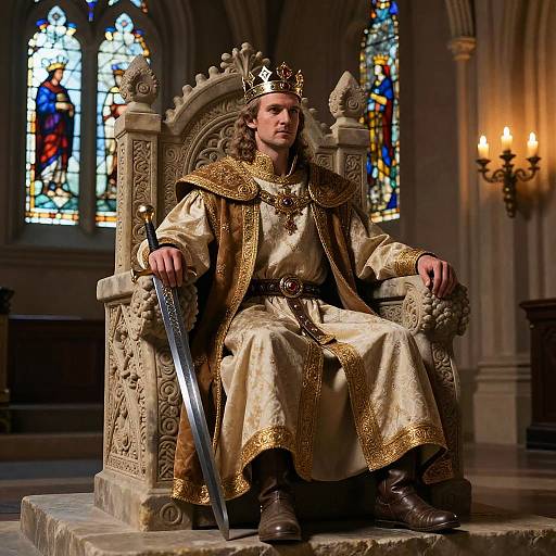 Photorealistic medieval king in ornate golden robe and crown, holding sword, seated on carved stone throne in a lit cathedral.