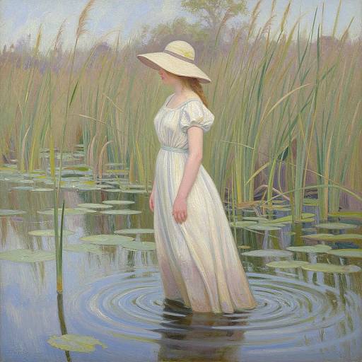 Digital painting of a woman in a white dress and wide-brimmed hat standing in a rippling marsh with tall reeds.
