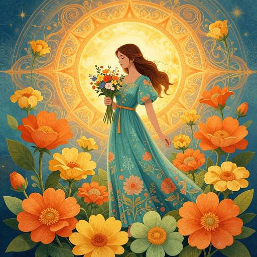 Digital illustration of a woman in a blue floral dress, holding a bouquet, standing among vibrant orange and yellow flowers, with a glowing sun and intricate circular