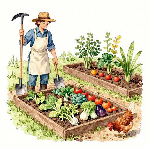 Watercolor Gardener Tending Allotment