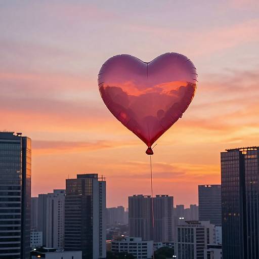 Heart-Shaped Balloon Over Sunset Cityscape