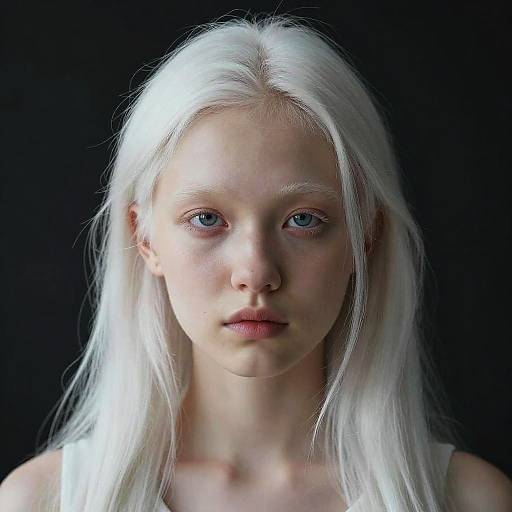 Photograph of a fair-skinned, young woman with long, platinum blonde hair and blue eyes, set against a black background. Her expression is neutral