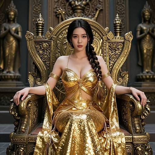 Photorealistic CGI of an Asian woman with long black hair in a gold sequined, revealing dress, sitting on an ornate golden throne, surrounded