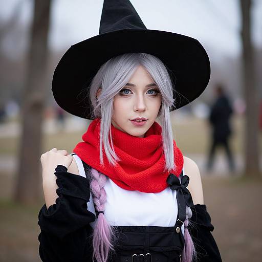Photograph of a young woman with silver hair, wearing a black witch hat, red scarf, white top, black dress, and black sleeves, standing