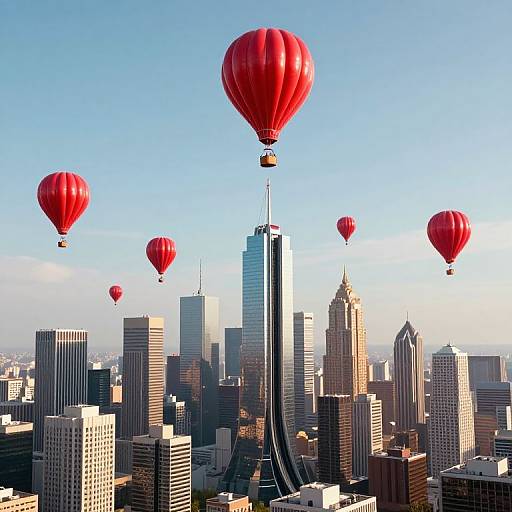 Photograph of a city skyline with six red hot air balloons floating above modern skyscrapers under a clear blue sky.