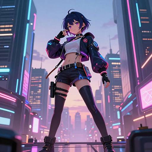 Cyberpunk anime girl with short blue hair, white crop top, black shorts, thigh-high boots, and jacket, stands confidently in a neon-l
