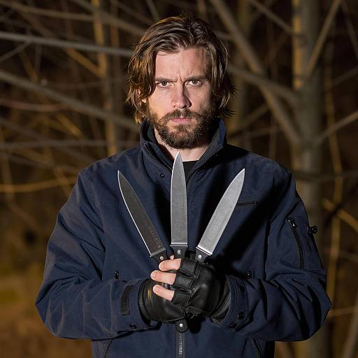 Intense Male with Knives in Nature