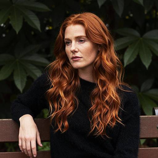 Photograph of a fair-skinned woman with long, wavy red hair, wearing a black sweater, leaning on a wooden bench against a dark green
