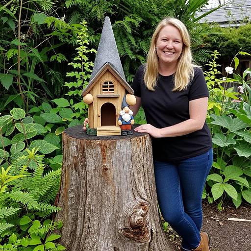 Blonde woman in black t-shirt and jeans, smiling, stands beside a wooden fairy house with a conical roof on a tree stump in a lush