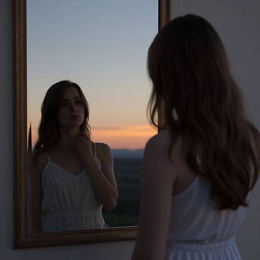 Photograph of a woman with long brown hair, wearing a white sundress, reflected in a mirror at dusk, with a colorful sunset in the background