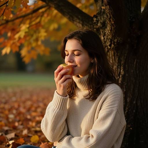 Photograph of a young woman with dark hair, wearing a cream knitted turtleneck, eating an apple against a tree in an autumn park with