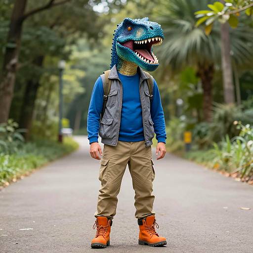 Whimsical Man in Blue Dinosaur Costume