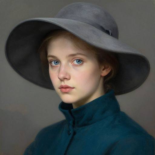 Photorealistic portrait of a young woman with fair skin, blue eyes, and brown hair, wearing a large gray hat and black high-collared