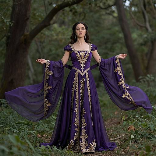 Photograph of a woman in a flowing, purple, medieval-style gown with gold embroidery, standing in a lush, green forest.
