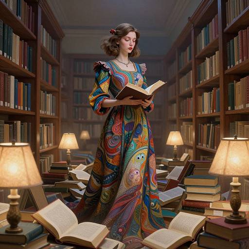 Photograph-like digital art of a fair-skinned woman with wavy brown hair in a vibrant, psychedelic dress, reading in a dimly lit library