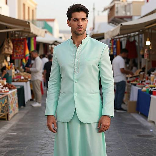 Photograph of a handsome man with dark hair and beard, wearing a light mint green traditional Pakistani sherwani and trousers, standing in a busy outdoor