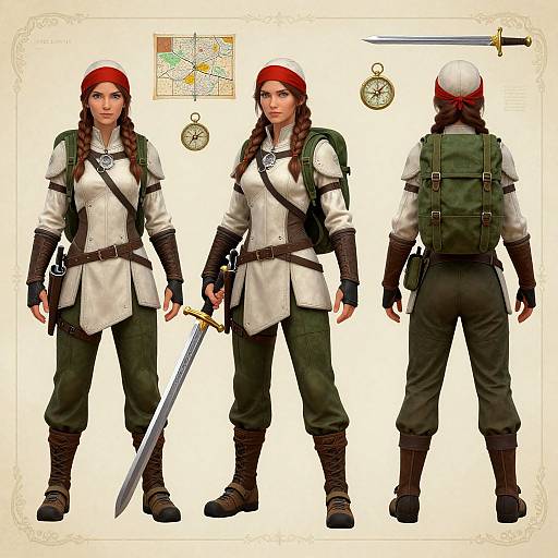 Digital character design: Red-haired warrior woman in white tunic, green pants, brown boots, and red cap, holding sword, shown from front and