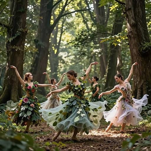 Photograph of five ballerinas in forest, wearing floral and leafy dresses, dancing gracefully with arms raised, sunlight filtering through trees.