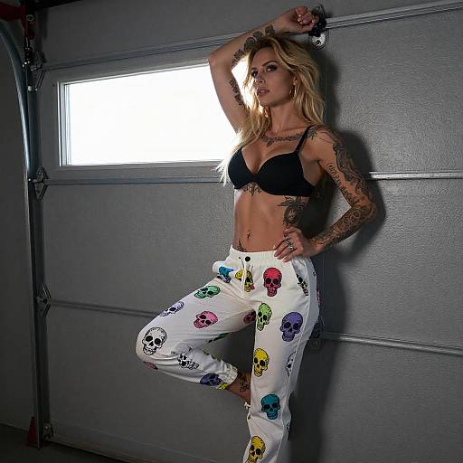 Tattooed Blonde Woman in Garage