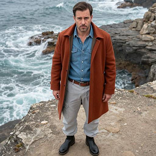 Photograph of a handsome, bearded man with short dark hair, wearing a rust-colored coat, blue shirt, white pants, and black boots,