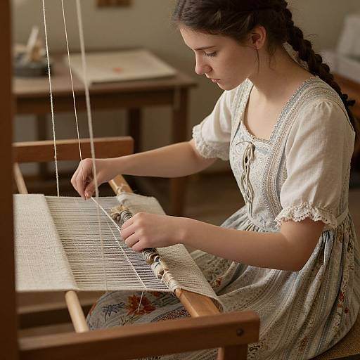 Photograph of a young woman with long braided hair, wearing a white lace-trimmed dress, weaving on a wooden loom in a softly