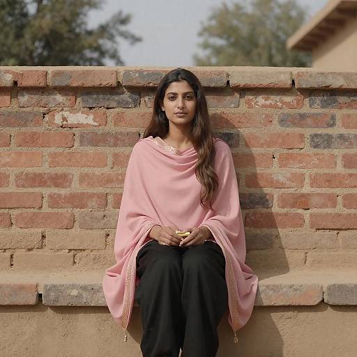 Serene Woman Against Weathered Brick Wall
