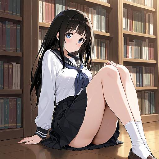 Anime-style digital drawing of a cute, black-haired girl with blue eyes, wearing a white sailor uniform and black skirt, sitting in a sunlit library