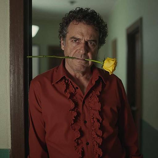 Intense Man with Yellow Rose in Hallway