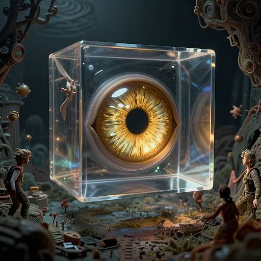 Photograph of a transparent cube containing a glowing golden eye, suspended above a surreal, sci-fi landscape with detailed, intricate machinery and figures.