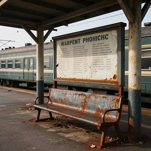 Photograph of a rusty, metal bench under a weathered 