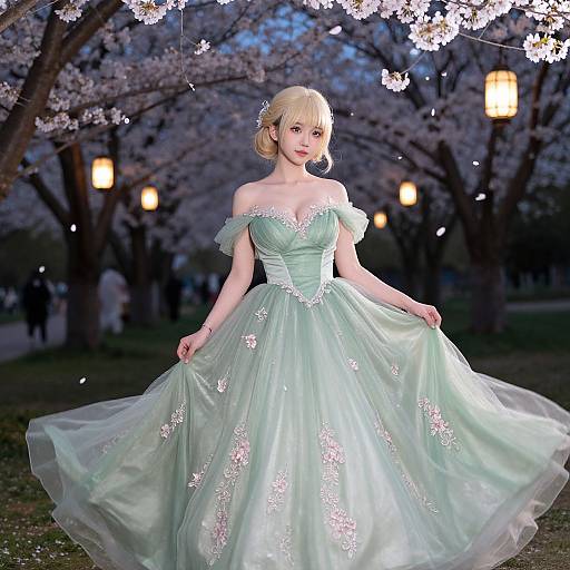 Blonde woman in a light green, off-shoulder, floral-embellished ball gown, standing in a twilight cherry blossom park with glowing