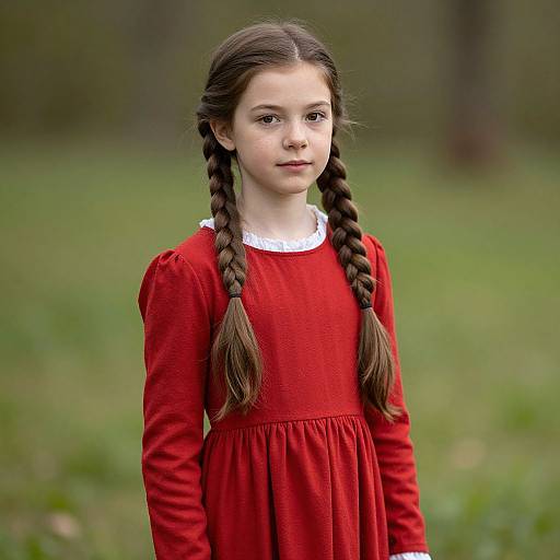 Photograph of a young girl with fair skin, brown eyes, and long braided hair, wearing a red dress with a white collar, standing in