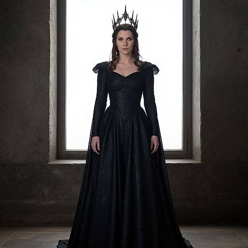 Photograph of a dark-haired woman in a black, long-sleeved, gothic gown with puffed shoulders, wearing a crown, standing before