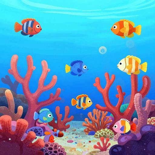 Colorful underwater scene with vibrant fish (orange, blue, yellow, black-and-white striped) swimming around red coral, purple sea anemones,