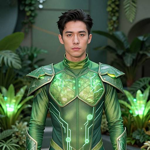 Photorealistic CGI of an Asian man in glowing green futuristic armor, standing in a lush, plant-filled background with neon lights.