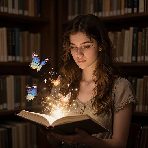 Photograph of a young woman with long brown hair, wearing a gray top, reading an open book, surrounded by glowing blue butterflies and sparkles in