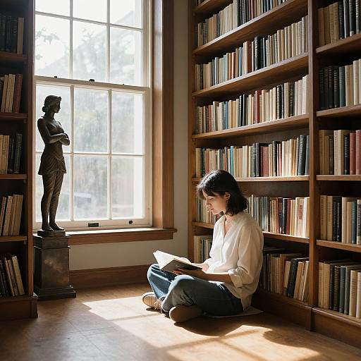Photograph of a woman in white blouse and blue jeans, sitting on wooden floor in sunlit library, reading, with statue and bookshelves behind